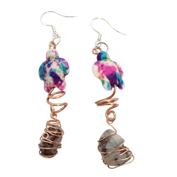 Laimar Turquoise Turtle Cooper Spiral Dangle Earrings - Picture 3 of 4